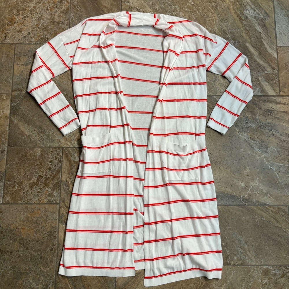 Cabi Red White Striped Longline Duster Cardigan Sweater Womens Medium Open Front